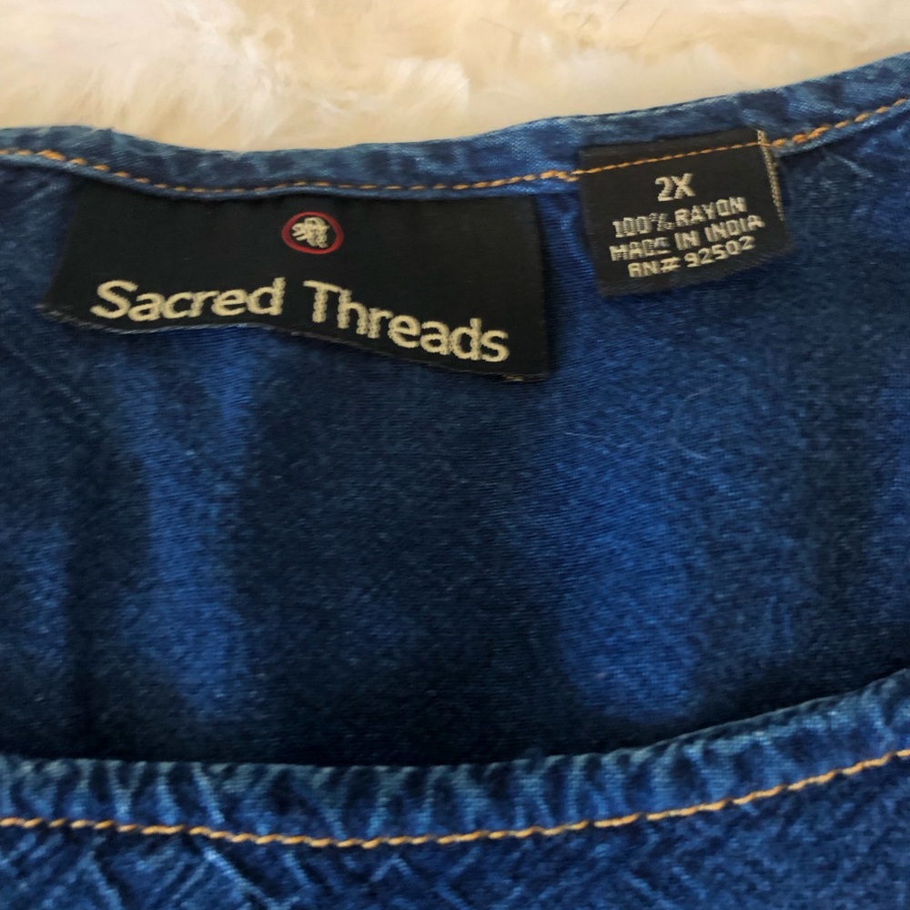 Sacred Threads Dark Blue Lightweight Denim Short Sleeve Top Blouse Shirt - NEW